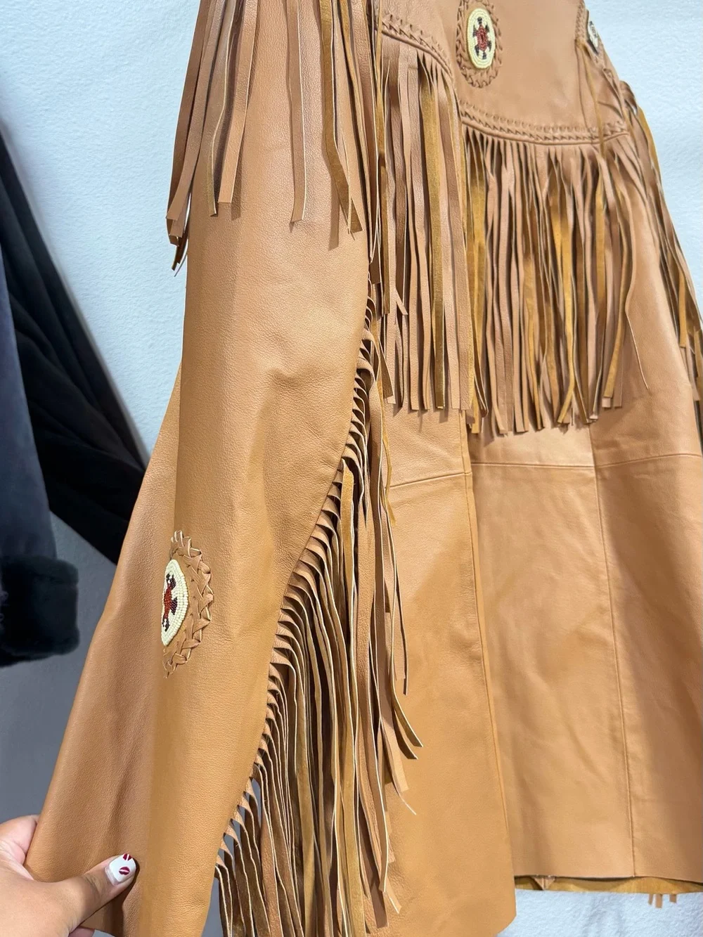Scully Tan Leather Fringe Jacket with Beaded Shoulder Accents